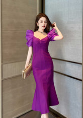 Vintage Puff Sleeve Mermaid Midi Dress